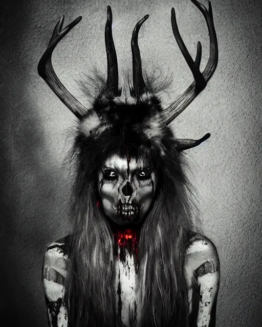 Image similar to deer - skull sisters ghost - spirit of the grim - warpaint wears the scarlet skull armor and native blood headdress antlers, midnight fog - mist!, cinematic lighting, various refining methods, micro macro autofocus, ultra definition, award winning photo, photograph by ghostwave - gammell - giger - shadowlord