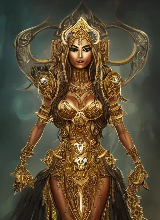 Image similar to a highly detailed illustration of tanned goddess ereshkigal wearing gold and black dress with skull jewelry, intricate, elegant, highly detailed, centered, digital painting, artstation, concept art, smooth, sharp focus, league of legends concept art, wlop