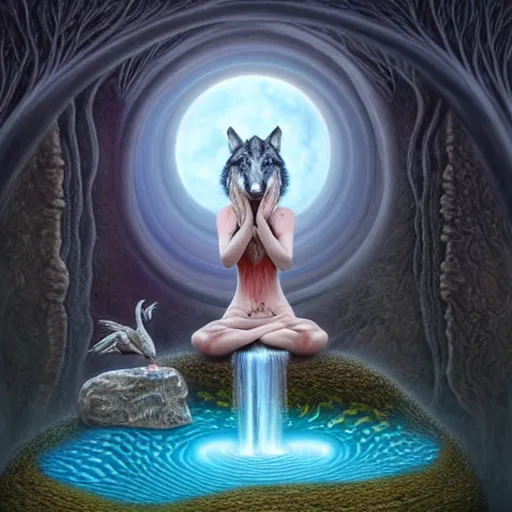 Prompt: an athromorphic wolf character meditating in a zen garden with a waterfall under the blood moon, by Adi granov and afarin sajedi and amanda sage and evgeni gordiets and Agostino Arrivabene and adonna khare in a psychedelic portrait style, ultrarealistic matte painting, volumetric lighting, fractal, extremely symmetrical, highly detailed face, orisha, 8k, hd