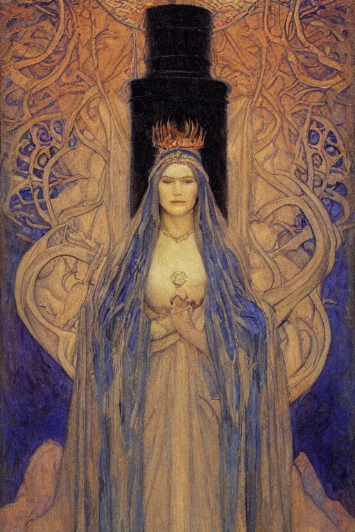 Prompt: queen of the winter with her lantern, by Annie Swynnerton and Nicholas Roerich and jean delville, dramatic cinematic lighting , ornate headdress , flowing robes, lost civilizations, smooth, sharp focus, extremely detailed