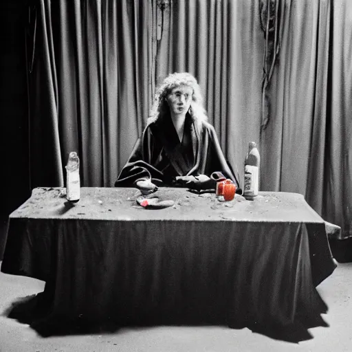 Image similar to a woman sitting at a table covered in empty beer mugs, a beautiful english woman with a long face narrow nose pale skin blue eyes red lips and wild messy tangles of curly white blonde hair, high resolution film still wearing a black robe drinking at a table, sandy, a journey to the west