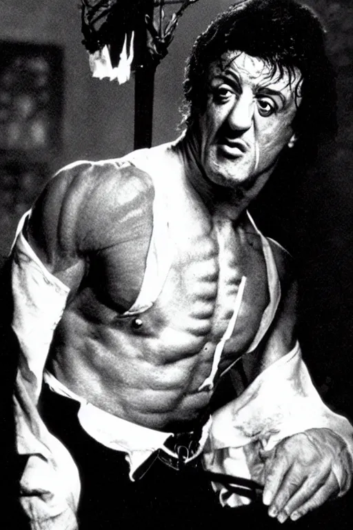 Image similar to sylvester stallone playing edgar allen poe, 8 0 s movie, cinematic, dramatic