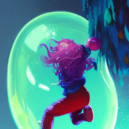 Image similar to madeline from celeste jumping into a green jelly bubble wearing a blue bubble jacket has a red long hair, highly detailed, digital painting, artstation, concept art, sharp focus, illustration, art by greg rutkowski and alphonse mucha