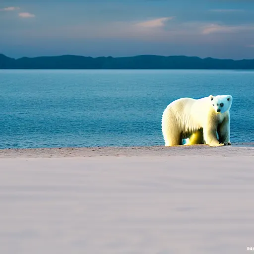 Image similar to a photo of a really skinny polar bear on a tiny pacific island, beautiful desert island with coconut trees, ultra detailed, 50mm f/1.4, national geographic