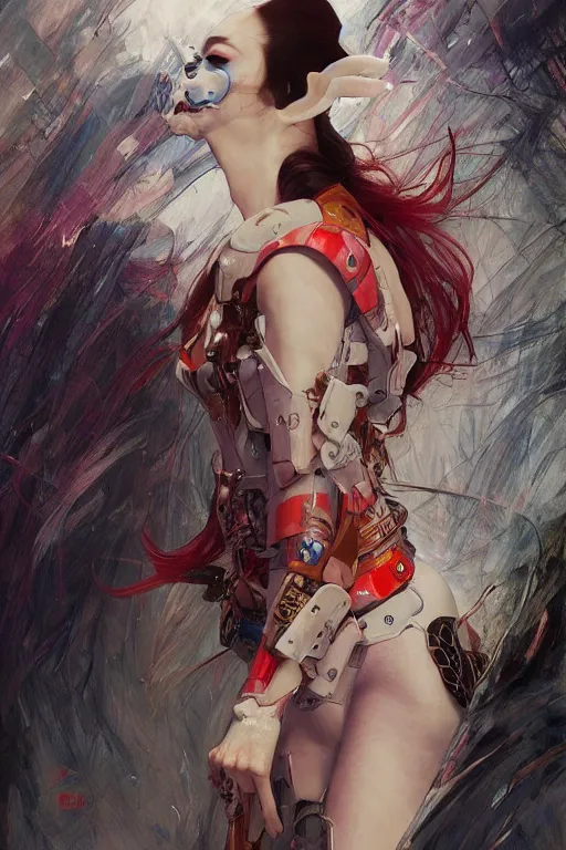 Image similar to > professional dynamtic portrait of female an agile geisha cyberpunk in a dynamic pose , armor elements , long red hair, beautiful bone structure, symmetrical facial features, intricate, elegant, digital painting, concept art, smooth, sharp focus, illustration, by Ruan Jia and Mandy Jurgens , and mucha, and Artgerm and William-Adolphe Bouguerea