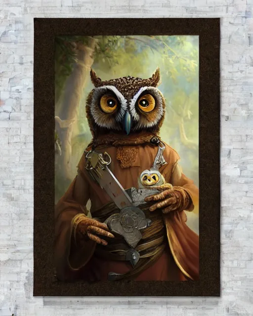 Image similar to High Fantasy whimsical portrait painting of a wise humanoid owl with a human shaped body, talon claws for feet, leg high, wearing an apron, wearing fantasy clothing, cgsociety, trending on artstation, dnd