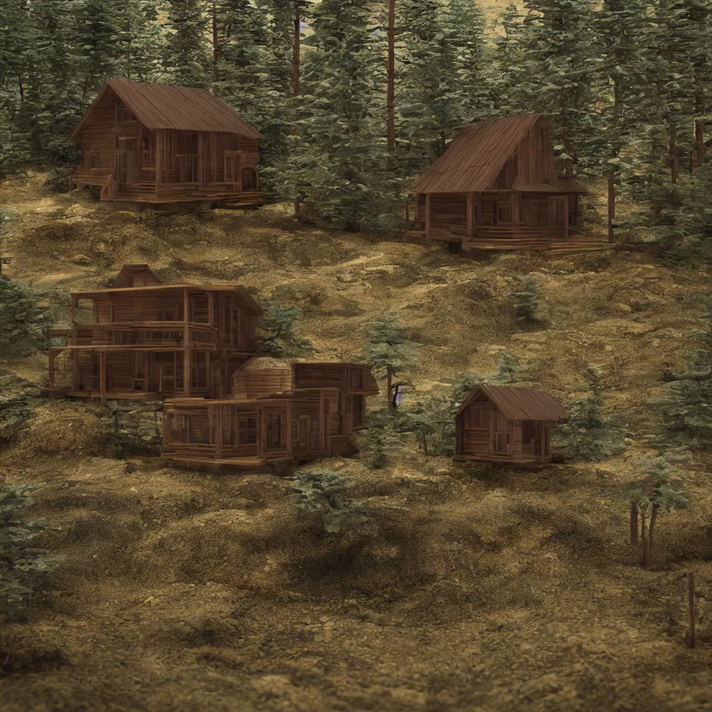 Image similar to octane render cabin in the woods diorama, ultra realistic