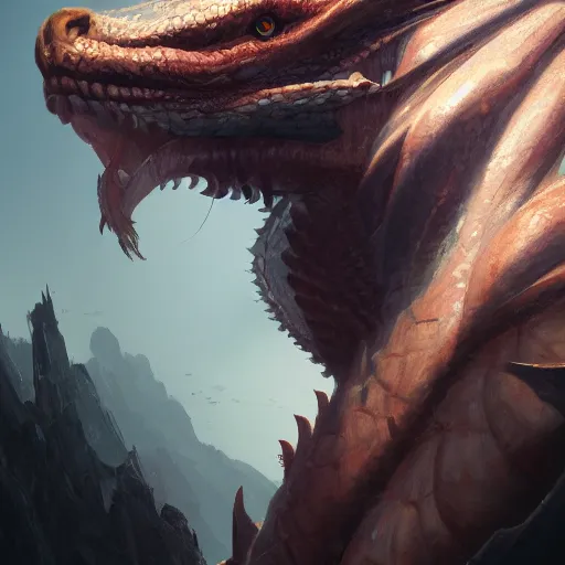 Image similar to a portrait of a dragon inspired by greg Rutkowski, art station, cinematic, 8K