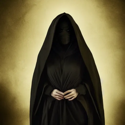 Image similar to Beautiful portrait of a mysterious hooded woman wearing robes all black, face shrouded in darkness, true romance, dark romance, dark fantasy, trending on artstation, cgsociety