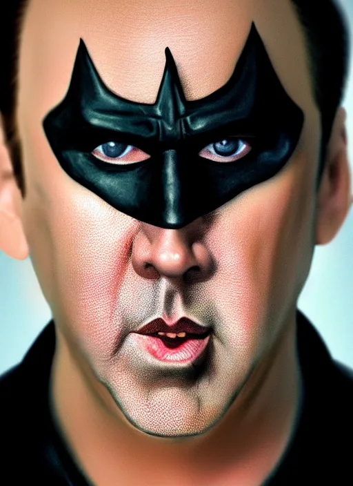 Image similar to promotional image of nicolas cage dressed as batman, smooth, trending on artstation, promotional artwork, film still, elegant, photorealistic facial features, intricate, detailed face, cinematic lighting