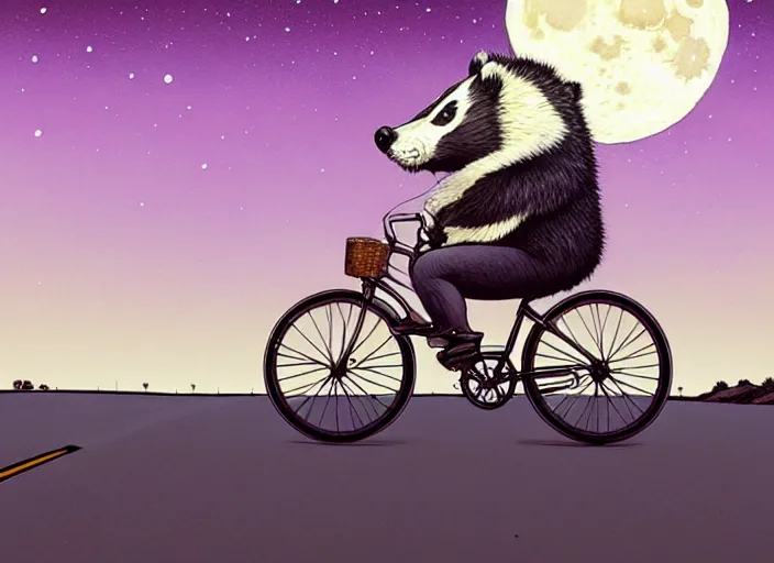 Prompt: a cell shaded cartoon badger riding a bicycle, with a big head, on a desert road, wide shot, in front of a big moon, muted colors, post grunge, josan gonzales, wlop, by james jean, victor ngai, hq, deviantart, art by artgerm