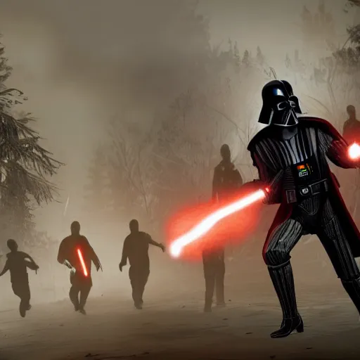 Image similar to Screenshot of Darth Vader chasing survivors in Dead By Daylight game