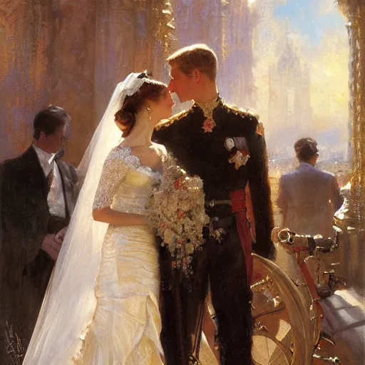 Image similar to detailed painting of attractive prince william marrying attractive audrey hepburn, highly detailed painting by gaston bussiere, craig mullins, j. c. leyendecker 8 k, smiling couple, royal painting, human face