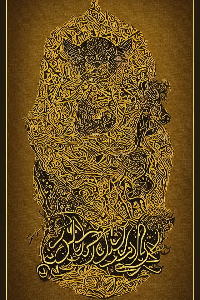 Image similar to melancholic persian typographic poster, vintage, graphic design, impactful, elegant, masterpiece, emotional fonts, golden, tarot card,trending on artstation