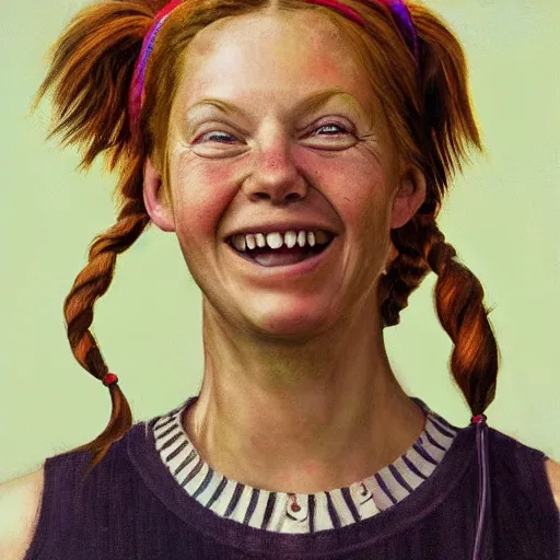 Prompt: Pippi Longstocking as an adult, full view realistic portrait