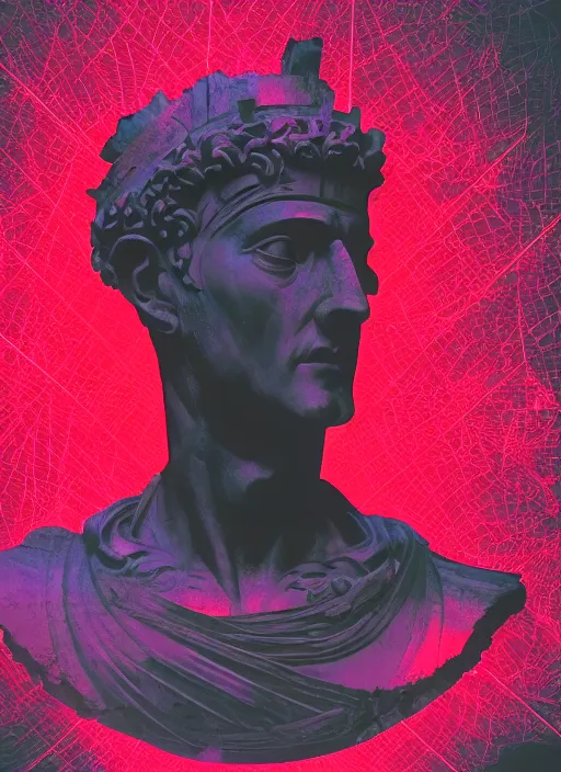 Prompt: black background with subtle red and purple design elements, statue of julius caesar, nekro, design, collage art, thin lines, dark, glitch art, neo vaporwave, gritty, layout frame, trending on artstation