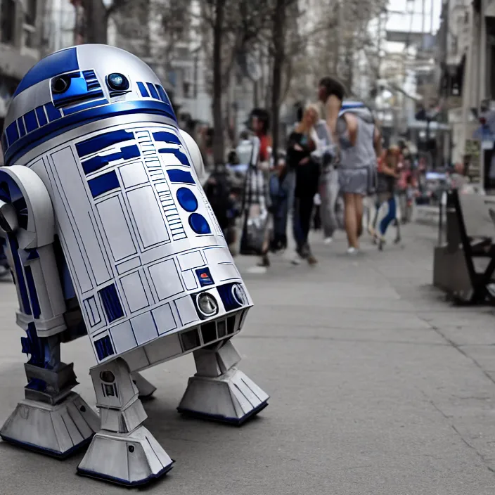 Image similar to r 2 d 2 walking around town with arms and legs