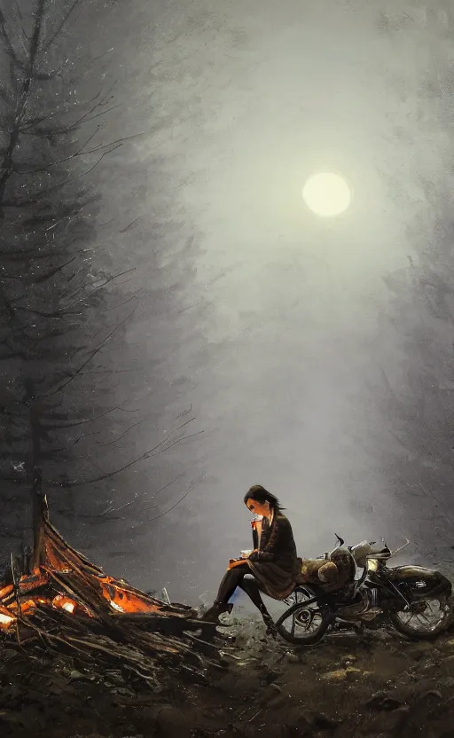 Image similar to A girl with short black hair and green eyes in a tan trenchcoat sitting on a log and drinking tea by the campfire by her motorcycle at night under the stars in the style of Jakub Rozalski, evocative, mystical night, detailed, award winning, masterpiece digital painting by Greg Rutkowski, Alex Grey, artstation, 4k wallpaper