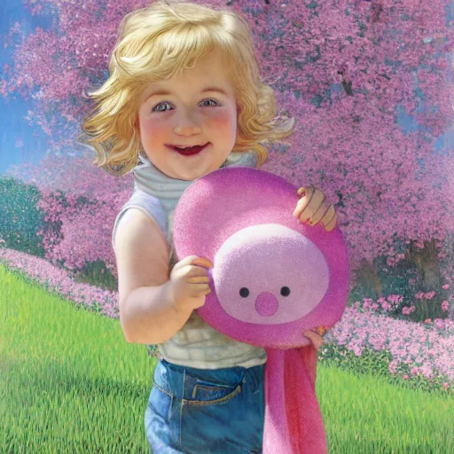 Image similar to a beautiful happy little blonde toddler girl with short curly hair at the park on a beautiful day in the shade, holding a round all-pink stuffed penguin, by Dan Mumford, Junji Murakami, Mucha Klimt, Hiroshi Yoshida and Craig Mullins, featured on Artstation, CGSociety, Behance HD, Deviantart
