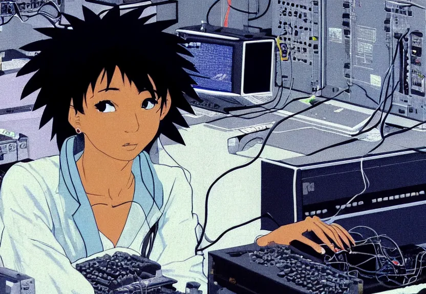 Prompt: dark skin woman wearing a white lab coat with a blue wolf haircut, body connected to wires and connected to 1 9 8 0 s computers, painted by yoshitoshi abe and makoto shinkai, in the style of serial experiments lain, dynamic lighting, dark ambience, 3 5 mm, cell - shaded, detailed face, retro