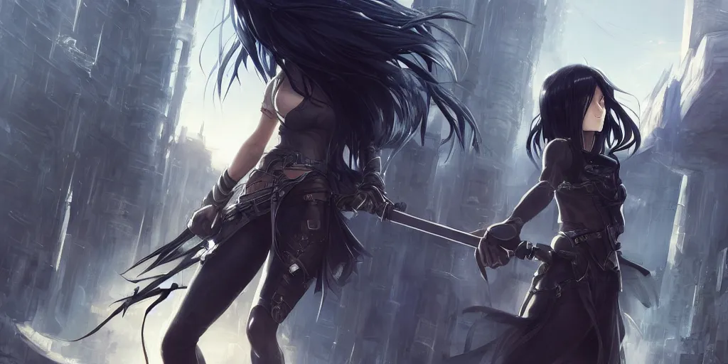 Prompt: girl with long black hair and a long black sword in front of a sci fi cityscape, ryohei fuke, makoto shinkai, detailed, cinematic, ultra - wide angle, dark sepia toned shading, luminescent eyes, detailed face, blue fire, trending on artstation, artgerm, wlop.