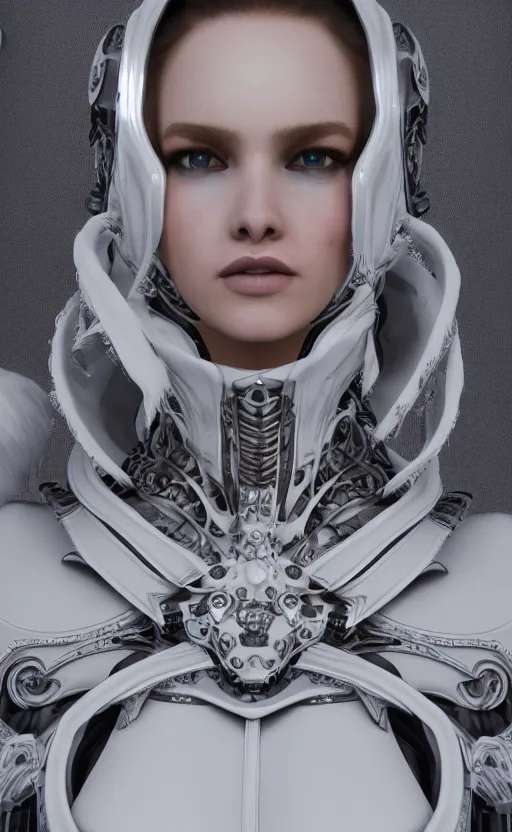 Image similar to white cyborg fashion shot, cyber copper spiral decorations, white elegant baroque design, headshot half figure, photorealistic, 8k, hyper detailed, unreal engine, trending on artstation,