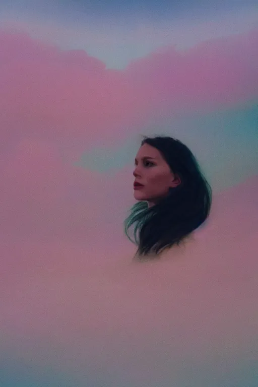 Image similar to high quality pastel coloured film close up wide angle photograph of a model wearing clothing swimming on cloud furniture in a icelandic black rock!! environment in a partially haze filled dreamstate world. three point light, rainbow. photographic production. art directed. pastel colours. volumetric clouds. pastel gradient overlay. waves glitch artefacts. extreme facial clarity. 8 k. filmic.