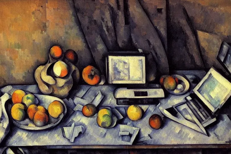 Image similar to still life painting of vintage computers by Paul Cézanne, oil on canvas, strong lighting, highly detailed, hyper realism, HD, 4K