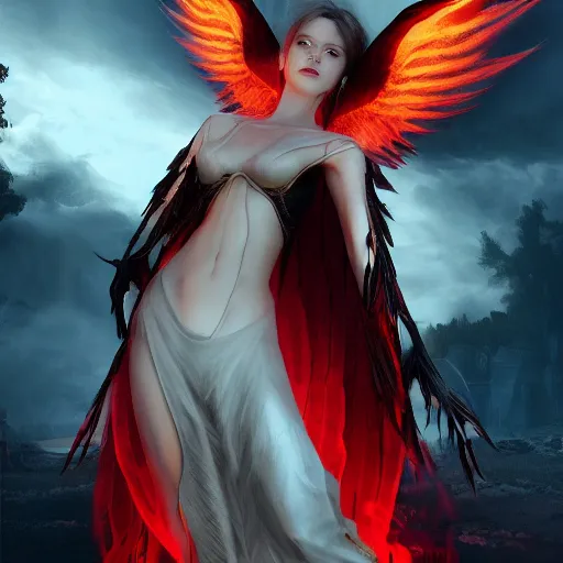 Image similar to young vampire princess with burning wings 4 k high definition gorgeous dramatic lighting artstation trending path traced contrast light and dark cinematic breathtaking by christensen, james c.