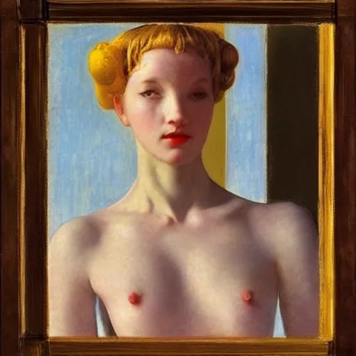 Prompt: a beautiful girl's face made of ivory and gold filigree, film still by edward hopper, by Pontormo, by klimt, pre-raphaelite. art noveau, art noveau, highly detailed, strong lights, liminal, eerie, Bright pastel colors