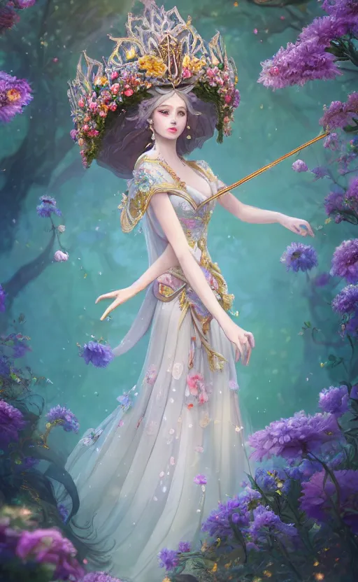 Image similar to A beautiful fantasy magician empress, highly detailed full body, amazing flower tiara, wearing aristocrat robe, delicate figure, field of flowers, among foxes and deer, epic composition, ultra wide-shot, dynamic pose, concept art, beautifully lit, digital painting, smooth, character design, sharp focus, elegant, intricate, trending on artstation, by WLOP and James Jean and Victo Ngai