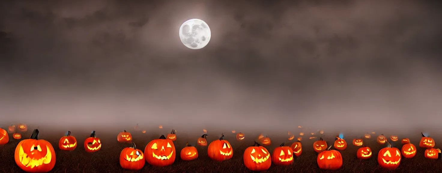 Image similar to A field of scary Halloween pumpkins with eyes looking straight into camera, full moon lighting, foggy November atmosphere, cinematic lighting, super photorealistic image, 4K, super detailed, cinematic look