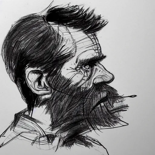 Image similar to a realistic yet scraggly portrait sketch of the side profile of a stern and sophisticated willem dafoe with a beard, trending on artstation, intricate details, in the style of frank auerbach, in the style of sergio aragones, in the style of martin ansin, in the style of david aja, in the style of mattias adolfsson