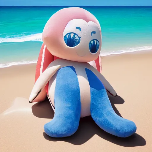 Image similar to cute fumo plush of a girl on the beach with a large inflatable dolphin, lens flare, vray