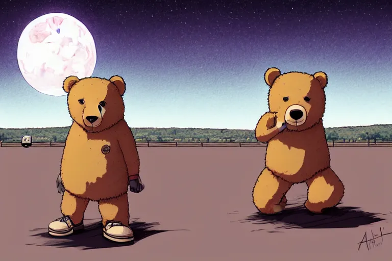 Prompt: a study of a cell shaded cartoon bear getting drunk on a desert road in front of a big moon, full body, wide shot, very muted colors, post grunge, studio ghibli, laurie greasley, highly detailed, deviantart, art by artgem