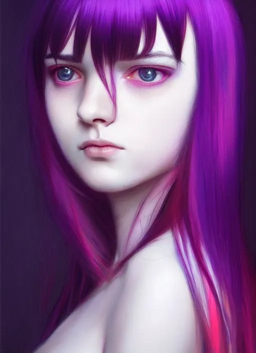 Image similar to hair whitebangs hair, black hair, whitebangs, portrait of teenage girl with white bangs, red irises, purple clothes, white bangs, bangs are different color from hair, intricate, elegant, glowing lights, highly detailed, digital painting, artstation, concept art, smooth, sharp focus, illustration, art by wlop, mars ravelo and greg rutkowski