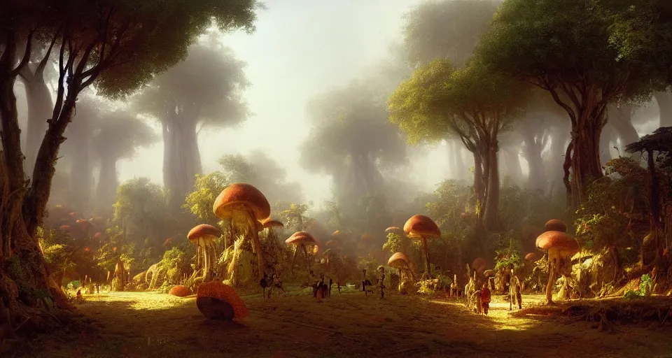 Prompt: A tribal village in a forest of giant mushrooms, by Ivan Aïvazovski,