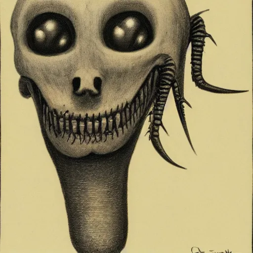 Image similar to humanoid with crooked teeth, black eyes, gaping mouth, alien looking, big forehead, horrifying, killer, creepy, dead, monster, tall, skinny, open mouth, deathly, in the style of alfred kubin