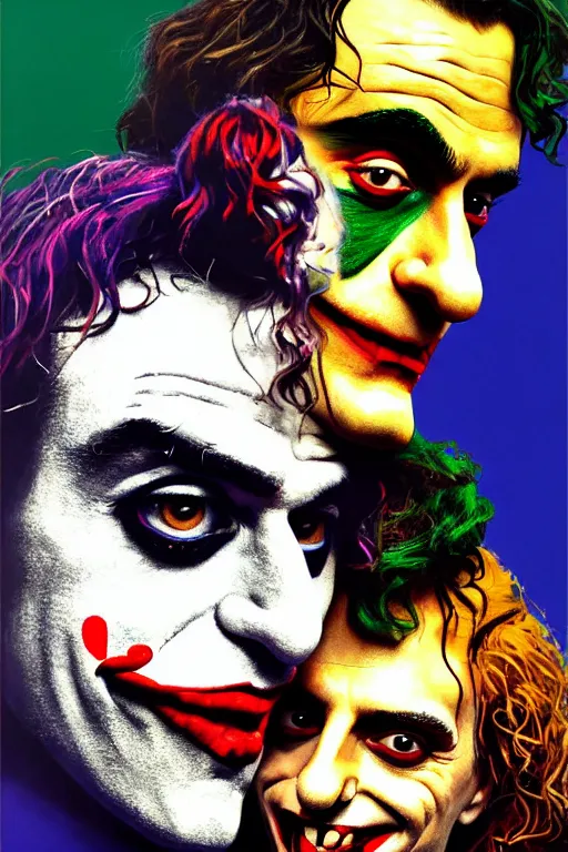 Prompt: ilya yefimovich repin and mimmo rottela and banksy as joaquin phoenix skinny joker, holding hand, lady gaga harley queen, ultra photorealistic, intricate details, pop art style, concept art, confident posse, random object details, 3 colours, warm color, 4 k, ultra smooth, sharp focus