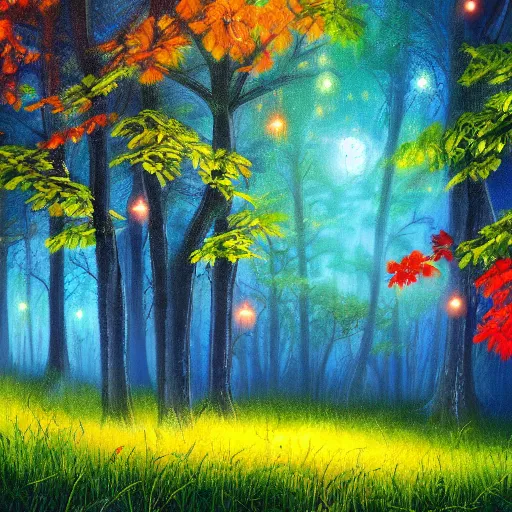 Image similar to landscape with colorful trees with furry leaves and fireflies, luminescent detailed magical realism painting 4 k artstation