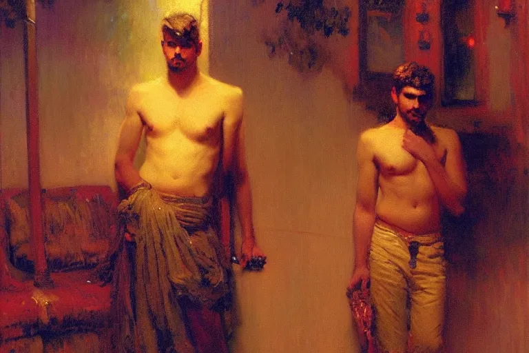 Image similar to winter, attractive male, neon light, india, painting by gaston bussiere, craig mullins, j. c. leyendecker