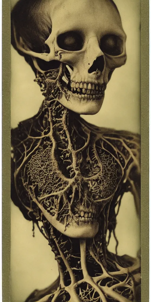 Prompt: an 1 9 1 0 polaroid photography of a very sad and detailed rotten woman corpse with fractal coral reefs and ornate growing around her face muscles, veins, arteries, bones, anatomical, skull, eye, ears, full body, intricate, surreal, ray caesar, john constable, guy denning, dan hillier, black and white