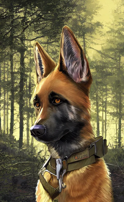 Image similar to close up character portrait icon of the german shepard military uniform head animal person fursona wearing clothes standing in the bright forest, hidari, color page, tankoban, 4 k, tone mapping, akihiko yoshida