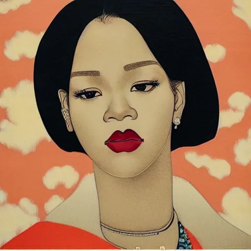 Prompt: “ rihanna portrait by ikenaga yasunari and ayana otake and ko rakusui, 6 0 s poster, drawing, realistic, sharp focus, japanese, dreamy, nostalgia, faded, golden hues, floral clothes, porcelain skin ”