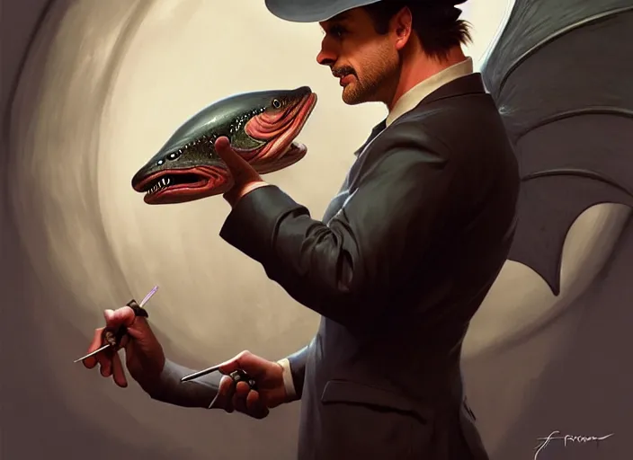 Prompt: a anthropomorphic salmon wearing a detective outfit, diffuse lighting, fantasy, film noir vibes, intricate, elegant, highly detailed, lifelike, photorealistic, digital painting, artstation, illustration, concept art, smooth, sharp focus, art by frank frazetta and marco bucci and loish and rossdraws and artgerm and alphonse mucha