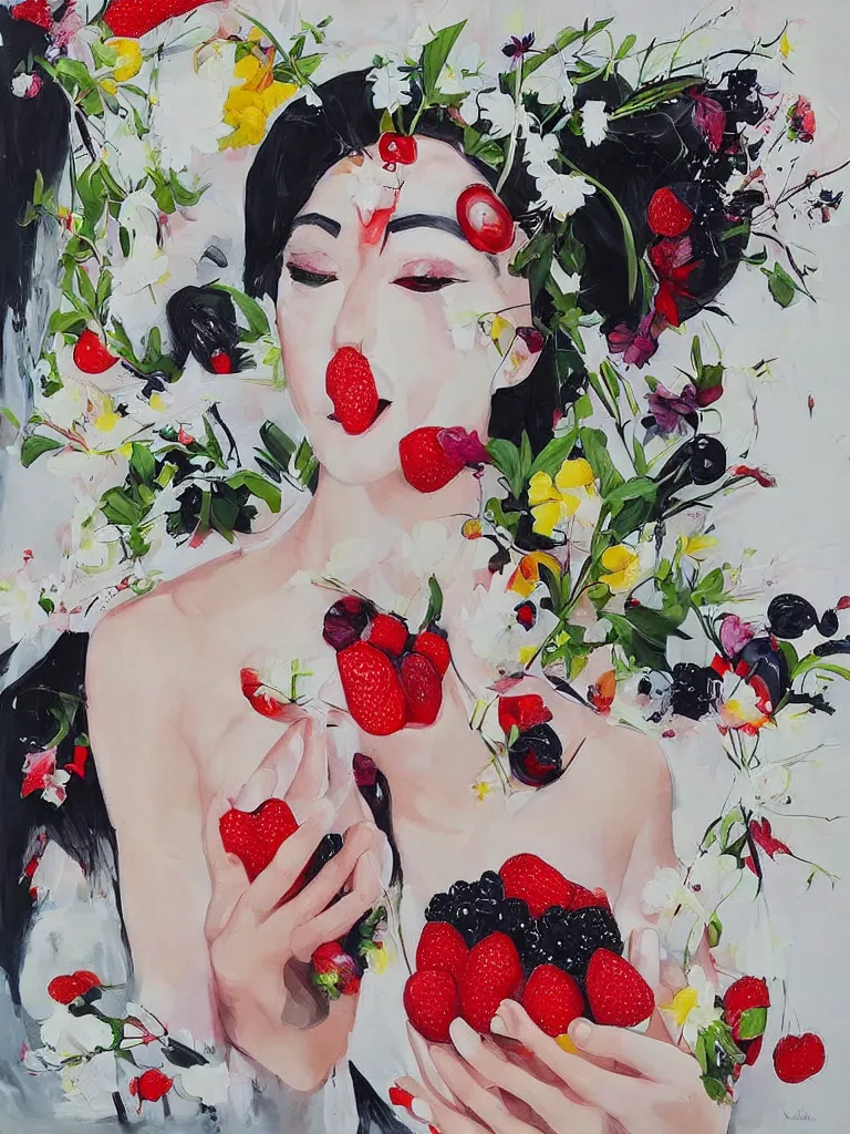 Image similar to “art in an Australian artist’s apartment, portrait of a woman wearing white cotton cloth, eating luscious fresh raspberries and strawberries and blueberries, white wax, edible flowers, Japanese pottery, ikebana, black walls, acrylic and spray paint and oilstick on canvas”