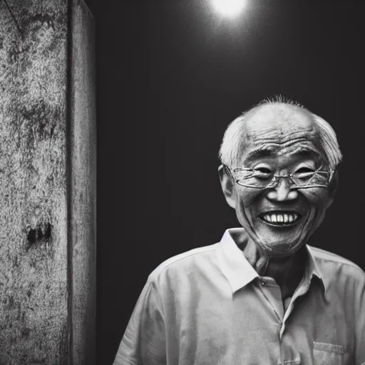 Image similar to a character portrait photo of a smiling old japanese man, hopeful, flickr contest winner, neo-expressionism, art photography, busy background, hyperrealism, chiaroscuro, anamorphic lens flare, elegant, shallow depth of field, haze, volumetric lighting, photo taken with provia, 24mm, f1.8, by Filip Hodas, by Andrew Domachowski