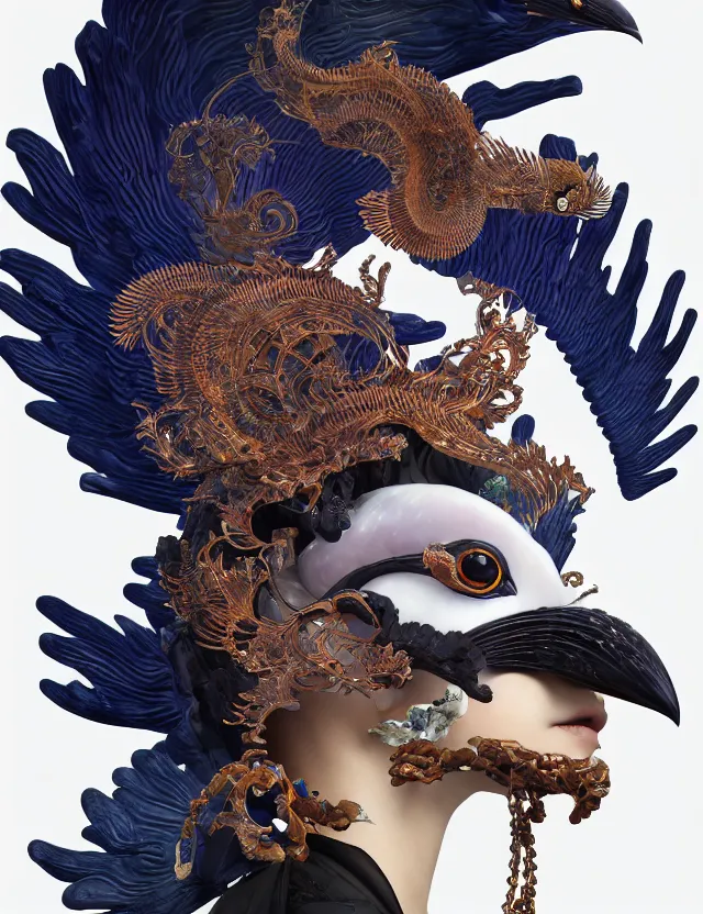 Image similar to 3 d goddess close - up profile portrait ram skull. beautiful intricately detailed japanese crow kitsune mask and clasical japanese kimono. betta fish, jellyfish phoenix, bio luminescent, plasma, ice, water, wind, creature, artwork by tooth wu and wlop and beeple and greg rutkowski