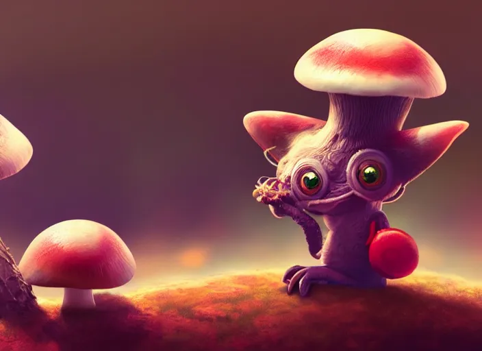 Image similar to a cute dr seuss creature sitting next to a mushroom, dof, artgerm lau, wlop, rossdraws, artstation, cgsociety, concept art, octane render, unreal engine, 4 k, 8 k