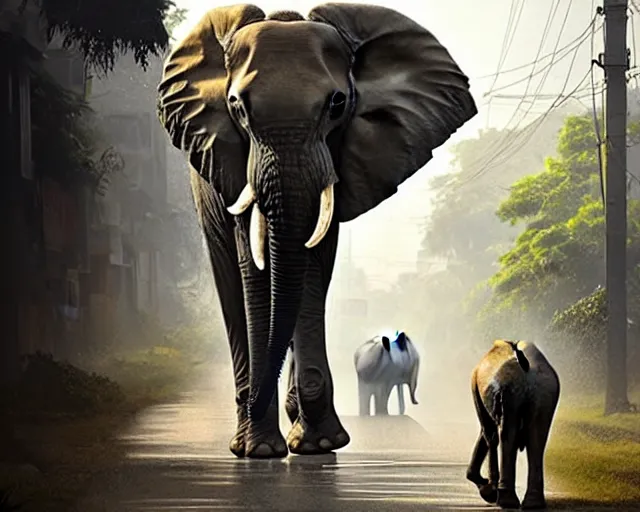 Prompt: An elephant walking down a street in Guwahati city. By Greg Rutkowski, trending on ArtStattion